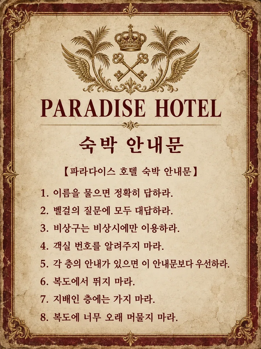 파라다이스 호텔 숙박 안내문. 1. 이름을 물으면 정확히 답하라. 2. 벨걸의 질문에 모두 대답하라. 3. 비상구는 비상시에만 이용하라. 4. 객실 번호를 알려주지 마라. 5. 각 층의 안내가 있으면 이 안내문보다 우선하라. 6. 복도에서 뛰지 마라. 7. 지배인 층에는 가지 마라. 8. 복도에 너무 오래 머물지 마라.